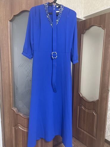 шикарное вечернее синее платье: Вечернее платье, А-силуэт, Длинная модель, Креп, С рукавами, Камни, L (EU 40), XL (EU 42)