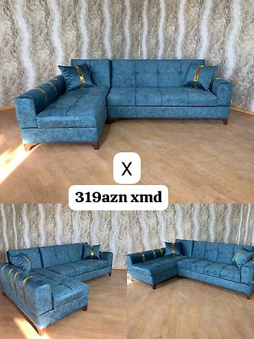 Divanlar: Künc divan – mavi rəng, yumşaq toxumalı parça. L‑şəkilli dizayn — 1