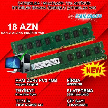 Operativ yaddaş (RAM): Operativ yaddaş (RAM) Kingston, 4 GB, 1333 Mhz, DDR3, PC üçün, Yeni