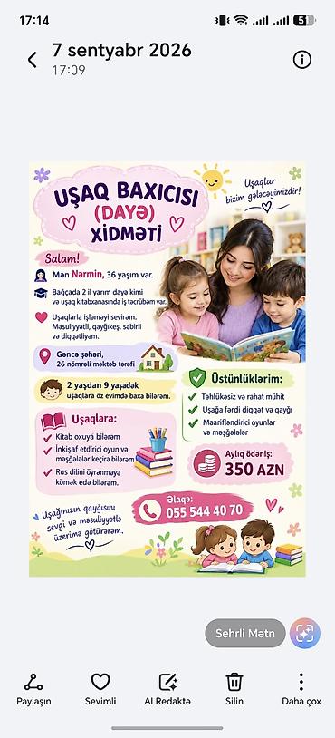 dayə iş: Uşaq baxıcısı (dayə) xidməti - Yer: Gəncə şəhəri, 26 nömrəli məktəb — 1