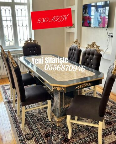 Masa və oturacaq dəstləri: Qonaq otağı üçün, Yeni, Açılmayan, Dördbucaq masa, 6 stul — 2