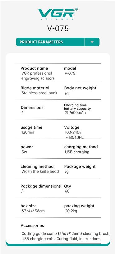 epil: Saqqal üçün trimmer VGR 075 Cord Cordles 500mAh Metal Blades — 7