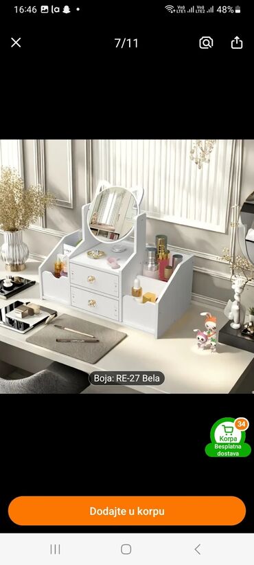 Neseseri: Organizator za kozmetiku u beloj boji sa ogledalom. Poseduje dve fioke — 5