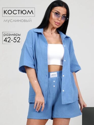одежды для девочек: Удобный женский костюм из муслина, состоящий из рубашки и шорт