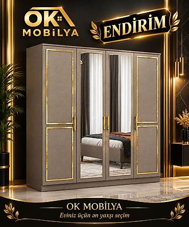 Yeni, 4 qapılı, Güzgülü, Qəhvəyi, Taxta, Açılan, Düz dolab
