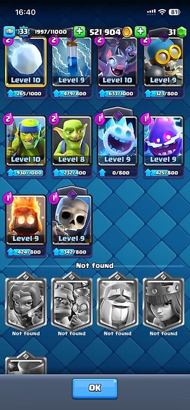 Kolleksiya kartları: Clash Royale hesabı - Kral səviyyəsi: 33 (1997/11000 XP) - Kupa: 6885 — 9