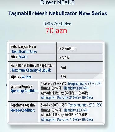 nebulizator: Direct NEXUS Taşınabilir Mesh Nebulizator – Yeni nəsil Qiymət: 70 AZN — 2