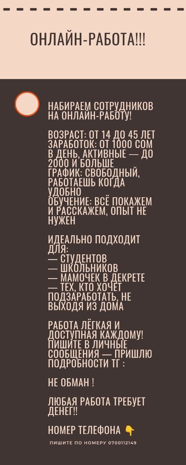 онлайн работы на дому: Объявление об онлайн-работе. Предлагается свободный график с