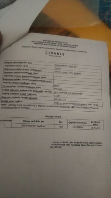 Torpaq sahələrinin satışı: 2 sot, Kənd təsərrüfatı, Mülkiyyətçi, Kupça (Çıxarış) — 15