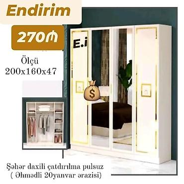 paltar skaf: Ağ rəngli, qızılı detal və güzgülü qapılara sahib şkaf. - Ölçü: 200 x — 1