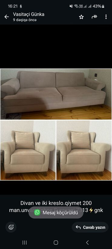 Divanlar: İşlənmiş, Divan, 2 kreslo