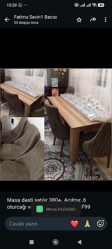 Masa dəsti satılır 380₼. Açılmır. 6 oturcağı var.Ünvan qobu. 9000. F99