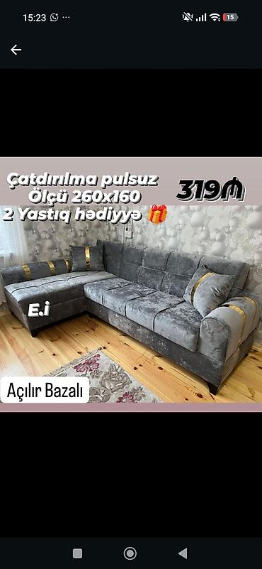 Künc divan – açılır, bazalı model - Ölçü: 260 x 160 sm - Rəng: boz