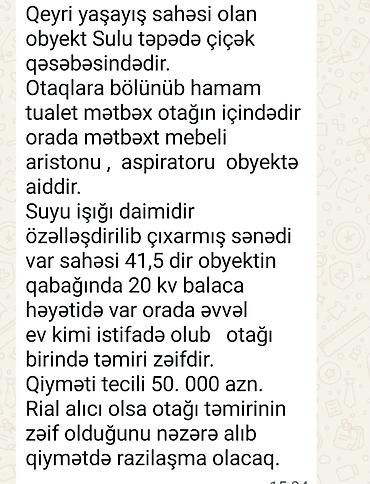 alatava ev: Qeyri-yaşayış sahəsi – Sulu təpə, Çiçək qəsəbəsi. - Sahə: 41,5 kv.m - — 1