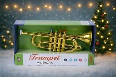 Muzički instrumenti za decu: Muzička truba – dečja igračka - Sjajna zlatna truba u kutiji “Trumpet — 7