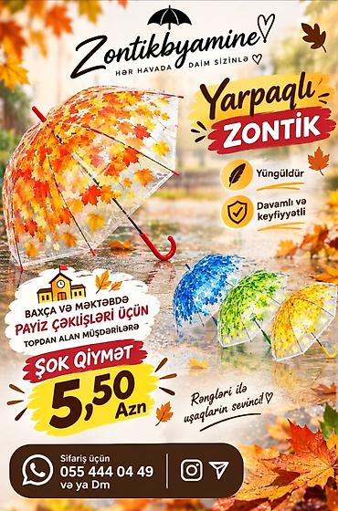 zontik satilir: Yarpaqlı Uşaq Zontiki – rəngli payız yarpaqları naxışlı, şəffaf — 1