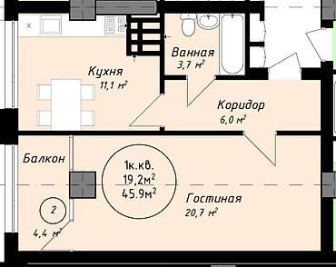 jack 4: 1 комната, 46 м², Элитка, 12 этаж, ПСО (под самоотделку) — 1