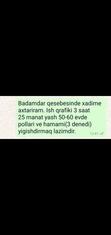 Ev qulluqçuları: Ev qulluqçusu tələb olunur, Növbəli qrafik, 6 ildən artıq təcrübə, İşəmuzd ödəniş