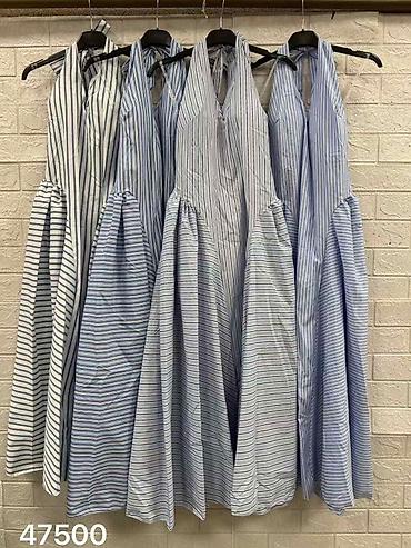 seastar blue: Letnja midi haljina na pruge – V izrez i halter vezanje iza vrata 2700 — 4