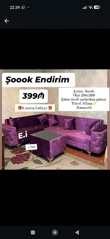 kohnə divan aliram: - Bənövşəyi rəngdə L formalı divan dəsti - Açılan, bazalı model - — 1