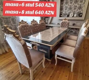 Masa və oturacaq dəstləri: Qonaq otağı üçün, Yeni, Açılmayan, Dördbucaq masa, 6 stul — 24