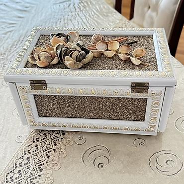 dekor ev: Əl işi dəniz temalı bəzəkli taxta sandıq/mücrü - Material: ağ rəngdə — 3