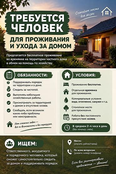 Башка адистиктер: Требуется человек для проживания и ухода за частным домом — 1