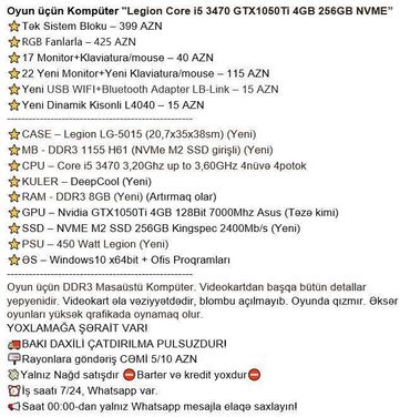 Masaüstü kompüterlər və iş stansiyaları: Oyun üçün Kompüter "Legion Core i5 3470 GTX1050Ti 4GB 256GB NVME” ⭐Tək -da lalafo.az — 2 Masaüstü kompüterlər və iş stansiyaları: Oyun üçün Kompüter "Legion Core i5 3470 GTX1050Ti 4GB 256GB NVME” ⭐Tək — 2