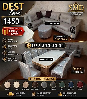 Masa və oturacaq dəstləri: Masa və 6 stul dəsti – Xmd • Komplekt: 1 yemək masası + 6 ədəd stul — 95