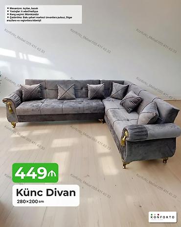 Divanlar: Künc divan – 280×200 sm - Mexanizm: açılan, bazalı (yataq funksiyalı — 1