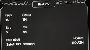 190´A alinib 140 satilir Futbol oyunu üçün elektron bilet Təsvir: - lalafo.az -da 190´A alinib 140 satilir Futbol oyunu üçün elektron bilet Təsvir: -