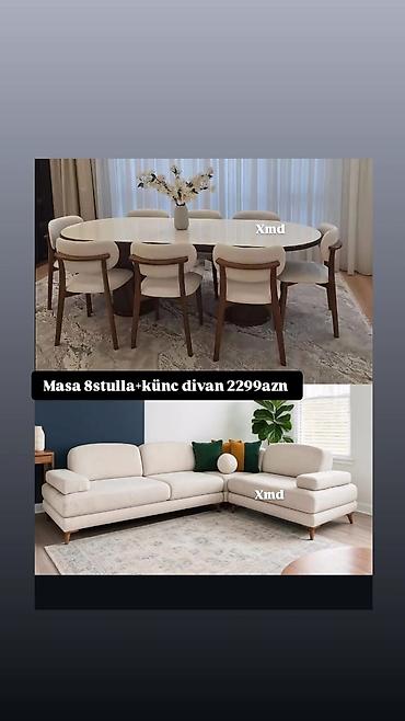 Mebel dəsti: Masa 8 stul ilə + künc divan - Yemək masası: oval