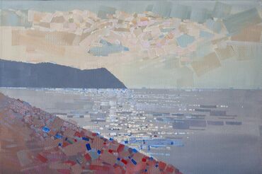 домик у моря: Картина темперой "Солнечные зайчики на поверхности моря". Холст