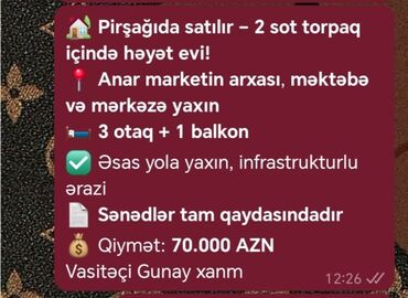 polad həşimov küçəsi: Pirşağıda, 2 sot torpaq sahəsində həyət evi satılır. Ev Anar marketin