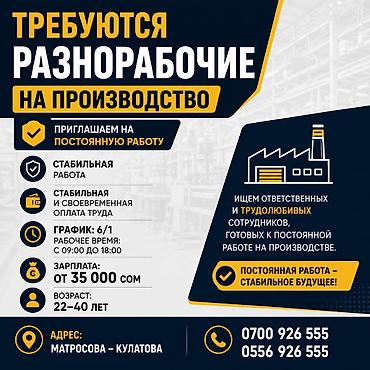 Вакансии: Требуется Разнорабочий на производство, Оплата: Ежемесячно, Без опыта — 1