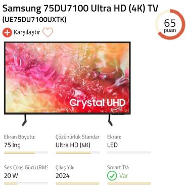 Yeni Televizor Samsung Led 75" 4K (3840x2160), Pulsuz çatdırılma