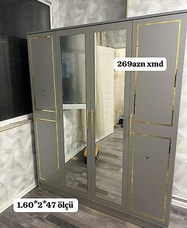 mini skaf: Gri rəngdə, qızılı konturlu 4 qapılı şkaf. - Ön hissədə iki güzgülü — 1