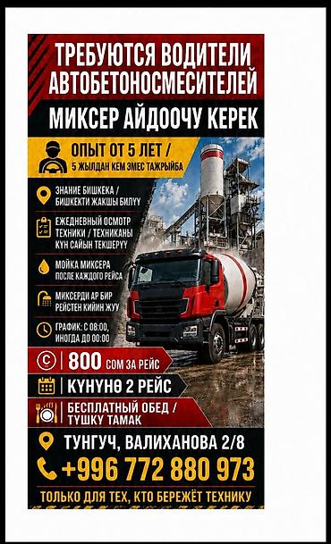 бетоно: Требуется Водитель спецтехники, Категория прав (C), На автобетоносмеситель (миксер), Более 5 лет опыта, Питание, Полный рабочий день, Старше 23 лет — 1