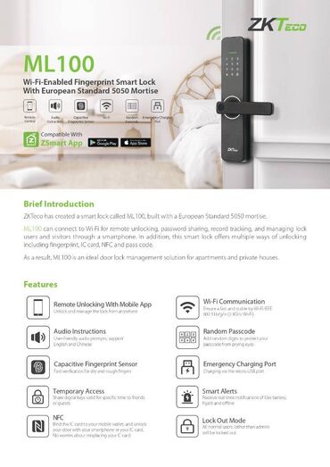 Qapı zamokları: Ağıllı Kilid ML100 -Çin.! ZKTeco Ağıllı kilid ML 100 - Çin brendi və — 9