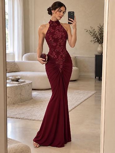 svileni top: Elegantna večernja haljina – duga, uska silueta sa visokim strukom i — 3