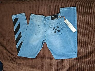 ag cins: Off-White üslublu mavi cins şalvar - Model: Klassik düz kəsim denim — 1