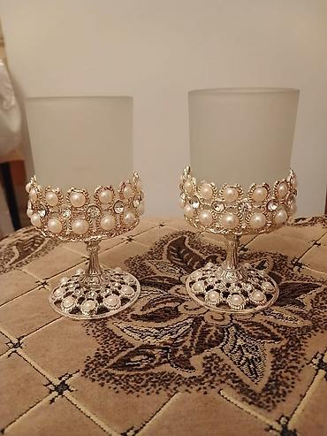 şamdan: Bəzəkli şam şamdanları dəsti (2 ədəd) - Material: buzlu şüşə giliz və — 1