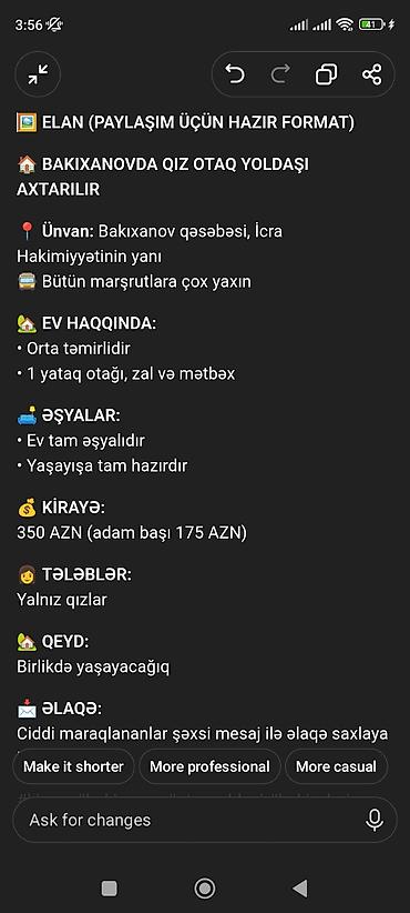 hokmelide kiraye evler 2025: Bakıxanovda qız otaq yoldaşı axtarılır Ünvan: - Bakıxanov qəsəbəsi — 1