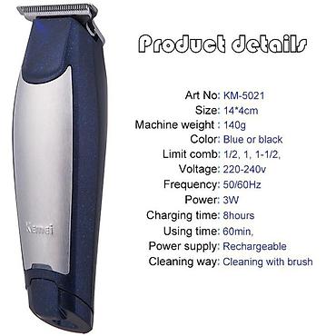 kemei km 1627: Trimmer Kemei 5021 - 60 Dəqiqə / 1 Sürət / Polad bıçaqlı / Göy rəng / — 5