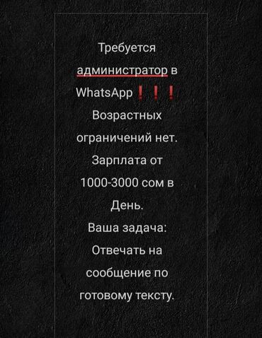 ���������������� ������ ������������ в Кыргызстан | Сетевой маркетинг: Требуется администратор в WhatsApp. Ваша задача: Отвечать на сообщение