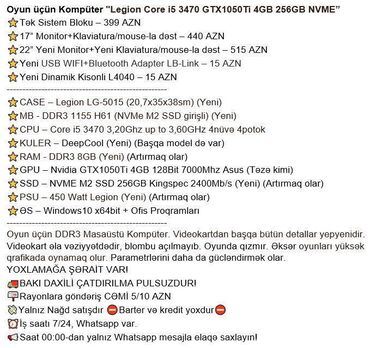 Masaüstü kompüterlər və iş stansiyaları: Oyun üçün Kompüter "Legion Core i5 3470 GTX1050Ti 4GB 256GB NVME” ⭐Tək -da lalafo.az — 2 Masaüstü kompüterlər və iş stansiyaları: Oyun üçün Kompüter "Legion Core i5 3470 GTX1050Ti 4GB 256GB NVME” ⭐Tək — 2