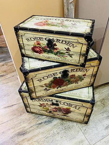 sandiq: Vintage üslubda 3 ədəd dekorativ sandıq dəsti. - Dizayn: “ROSE — 2