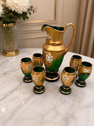 soba servisi: Qızılı-yaşıl bəzəkli su/şərbət dəsti - Tərkib: 1 ədəd sürahi və 6 — 1