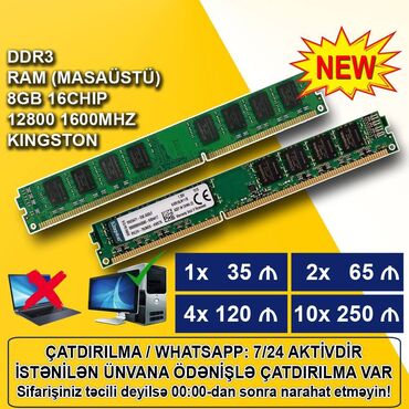 Kompüter, noutbuk və planşetlər: Operativ yaddaş (RAM) Kingston, 8 GB, 1600 Mhz, DDR3, PC üçün, Yeni