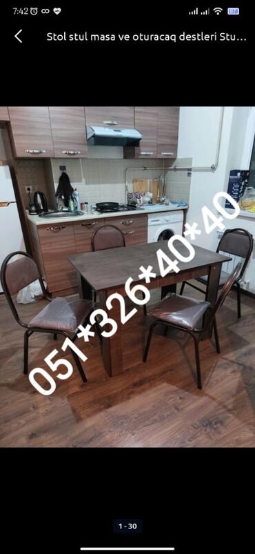 Masa və oturacaq dəstləri: Qonaq otağı üçün, Yeni, Açılan, Dördbucaq masa, 6 stul — 28